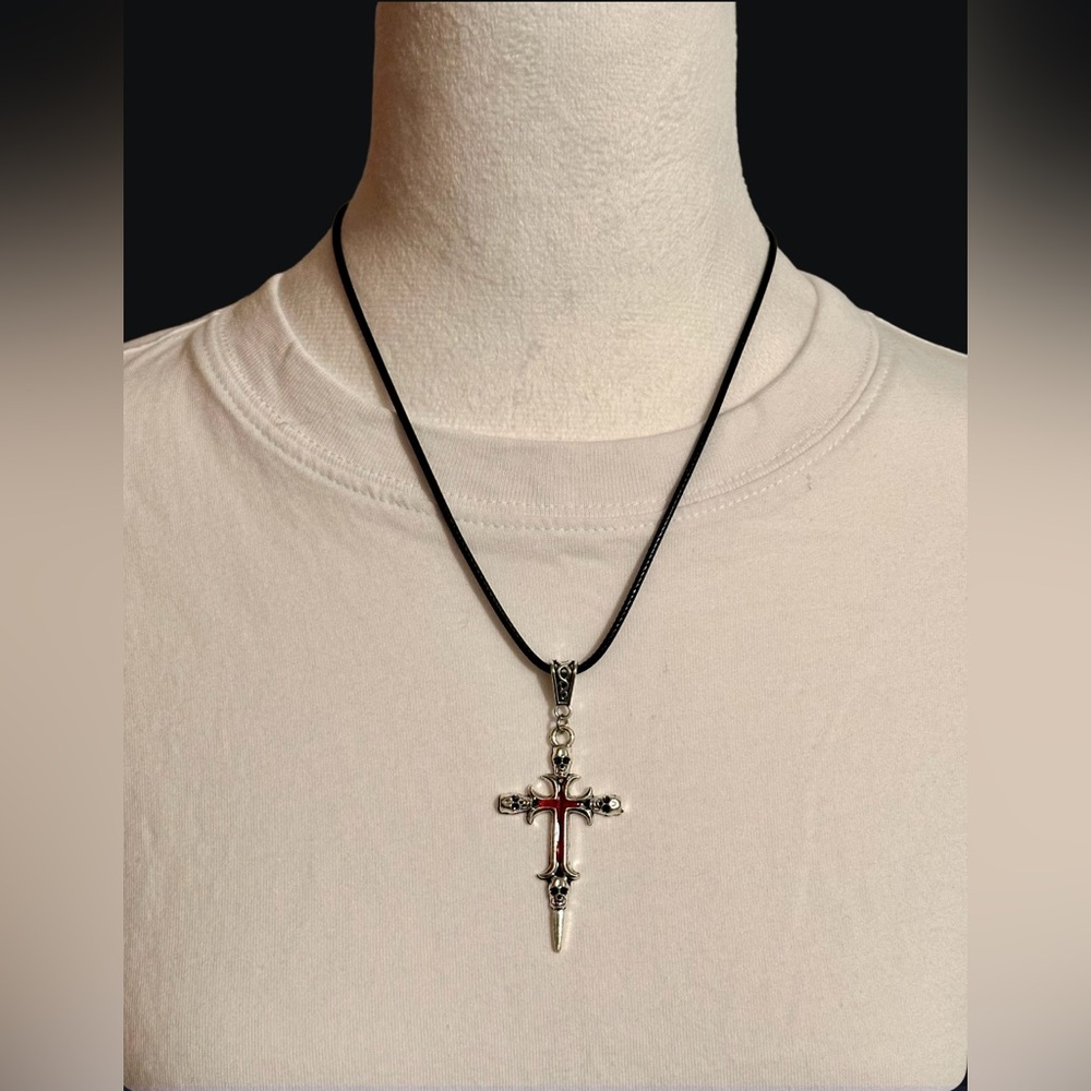 Silver Skull Cross Pendant on a Black Cord Necklace